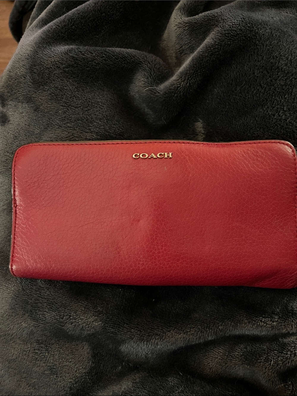 COACH Red Pebbled Leather Zip-Around Wallet with Gold Logo